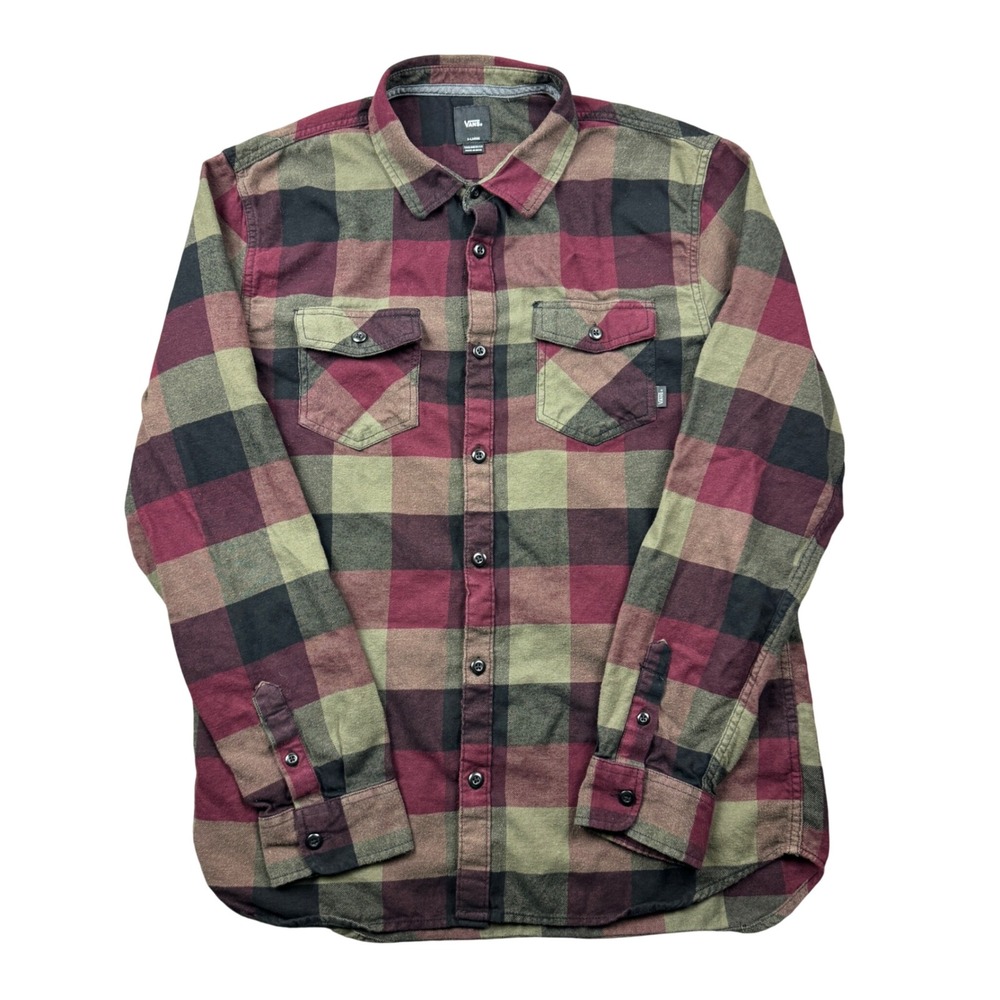 Vans Mens XL Tailored Fit Flannel Shirt Burgundy Green Plaid Long Sleeve Skater